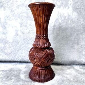 MCM Folk Art Carved Wooden Vase Ornate Floral Design Dark Wood Decorative Accent